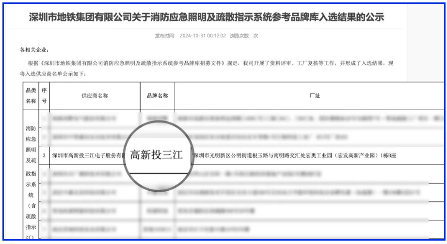 應急疏散系統廠家領導品牌！高新投三江入圍深圳市地鐵集團品牌庫
